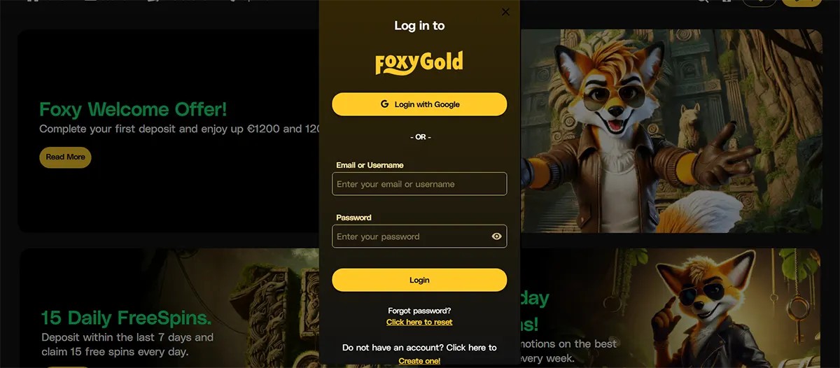 FoxyGold casino website screenshot with a centred login pop-up showing “Log in to FoxyGold,” a Google login button, email/username and password fields, a yellow “Login” button, and reset/create account links over a dark promo background with a fox character.