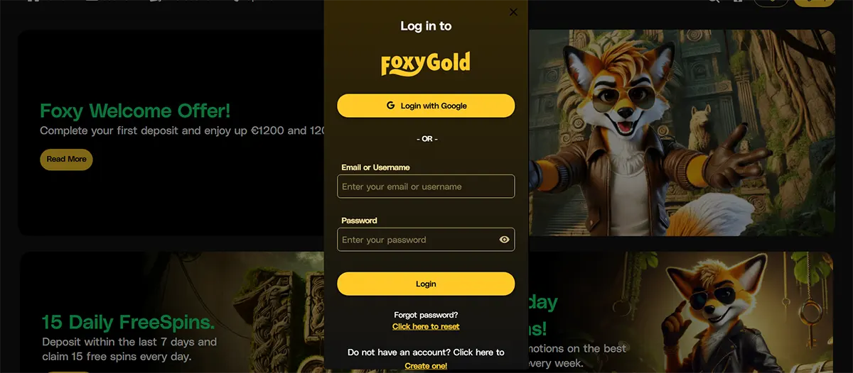 FoxyGold casino website screenshot with a centred login pop-up showing “Log in to FoxyGold,” a Google login button, email/username and password fields, a yellow “Login” button, and reset/create account links over a dark promo background with a fox character.